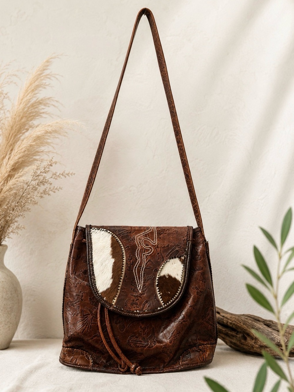 Vintage Carlos Falchi Tooled Cowhide Shoulder Bag